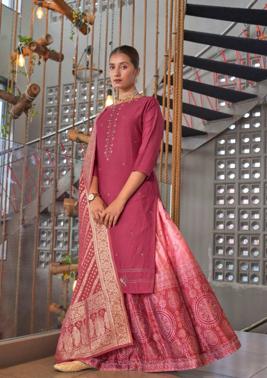 Kalki Bandhej Viscose Silk Kurti With Lehenga Dupatta Set