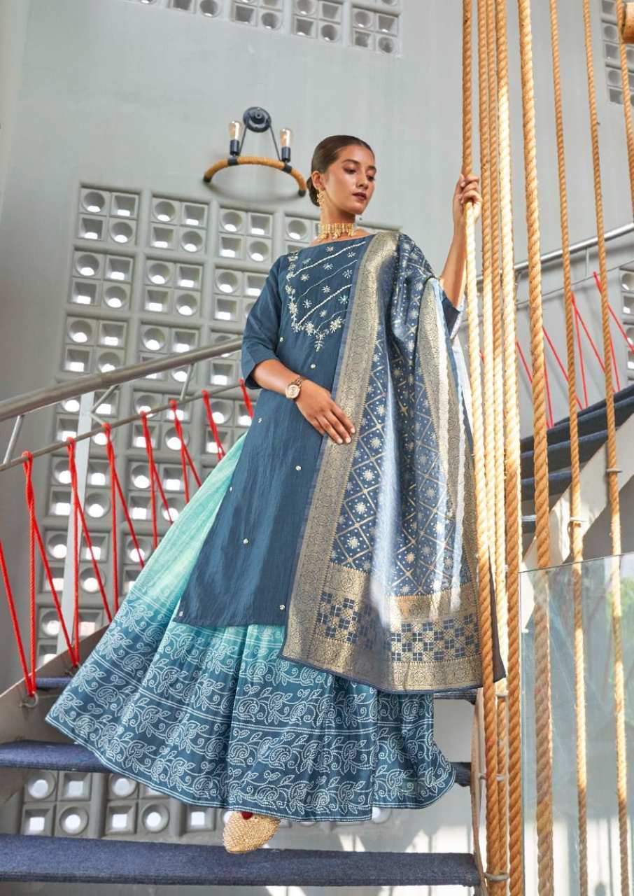 Kalki Bandhej Viscose Silk Kurti With Lehenga Dupatta Set