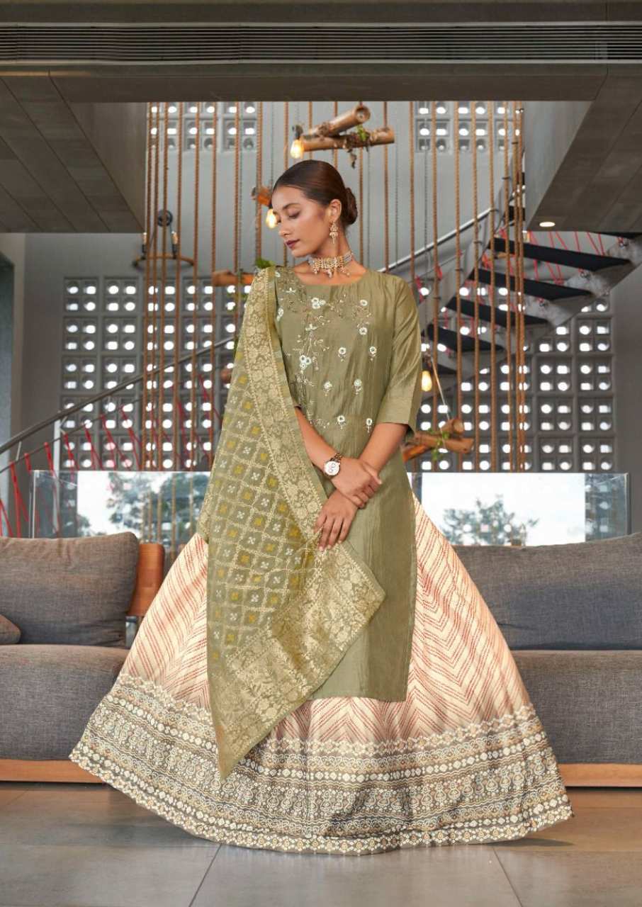 Kalki Bandhej Viscose Silk Kurti With Lehenga Dupatta Set
