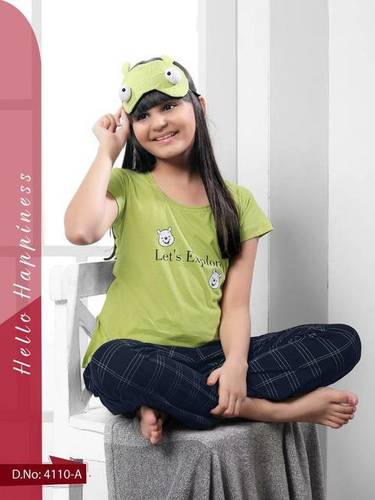 Vibrant Kids Checkered Night Suit - Cotton, Customized Size, Green/Pink | Short Sleeves, Comfortable Fashion Blend for All Seasons