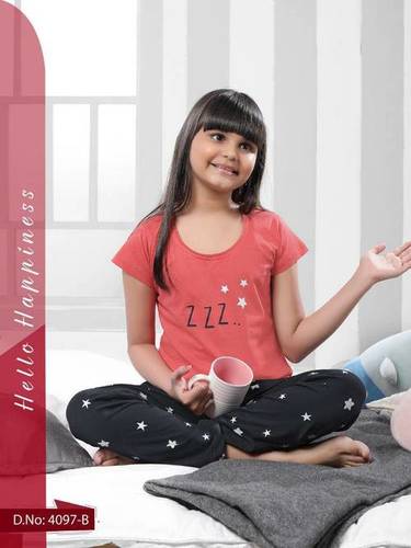 Kids Cotton Hosiery Star Print Nightsuit B3 - Cotton Material, Customized Size, Pink/Mustard Colors, Short Sleeves, Printed Pattern, Year-Round Comfort