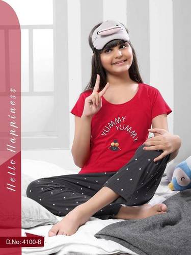 Kids Cotton Hosiery Polka Dots Nightsuit B4 - Cotton, Customized Size, Vibrant Red/Maroon, Round Neck, Short Sleeves, Printed Pattern, All-Season Use
