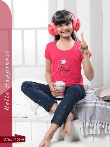 Kids Cotton Hosiery Printed Nightsuit B5 - Cotton, Customized Size, Pink/Mustard Colors - Round Neck, Short Sleeves, Ideal for All Seasons