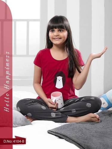 Kids Cotton Hosiery Printed Nightsuit B6 - Cotton, Customized Size, Vibrant Red/Mustard Colors, Round Neck, Short Sleeves, Printed Design | Fashionable and Comfortable Nightsuits for Girls 4-16