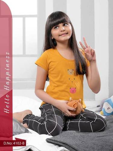 Kids Cotton Hosiery Checked Nightsuit B8 - Cotton, Customized Size, Yellow/Pink, Short Sleeves - Comfortable & Fashionable Round Neck Design for Girls 4-16