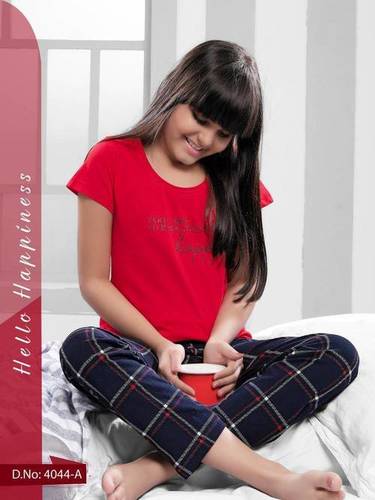 Kids Cotton Hosiery Printed Nightsuit B9 - Cotton Material, Customized Size, Vibrant Red/Black Colors, Short Sleeves, Checked Pattern Suitable for All Seasons