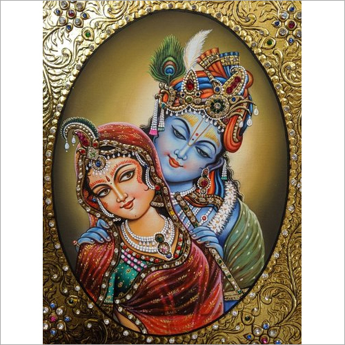 Multicolour Wooden Canvas Radha Krishna Paintings