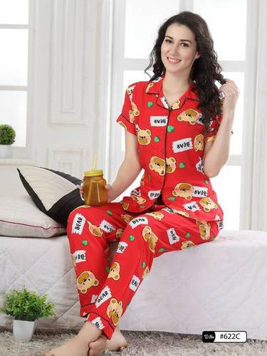 Available In 3 Colours- Red/Blue/Orange Teddy Print Full Nightsuit B10