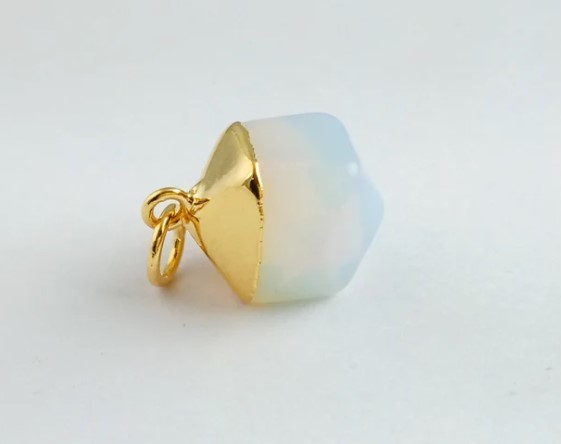 Opalite Hexagon Iron Loop Charms Pendant - Brass Hexagon Necklace - Opal - Natural Stone - Gold Tone Plated Brass