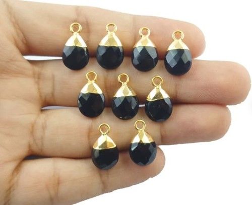 Pear Black Onyx Teardrop Gold Pendant Electroplated Gemstone Size 9X12Mm Faceted Briolette Teardrop Charms Necklace