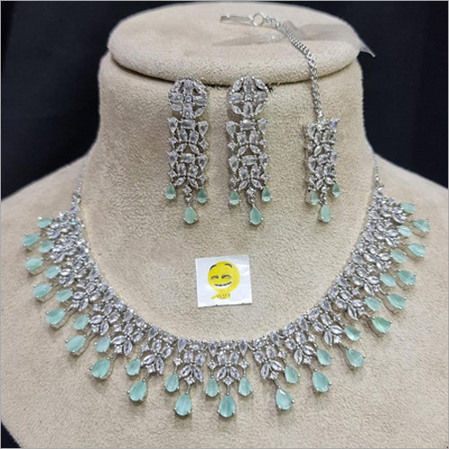 American Silver Mint Diamond Necklace Set With Tika