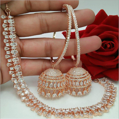 American Diamond Bali Jhumka Necklace Set 