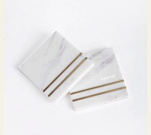 White Marble Coaster Set With Brass Inlay