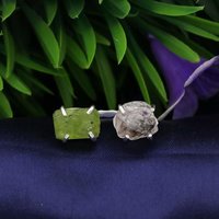 925 Sterling Silver Raw Herkimer Diamond And Peridot Ring
