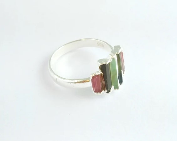Watermelon Tourmaline Raw Stone Silver Plated Ring Silver Electroplated Semi Precious Gemstone Ring