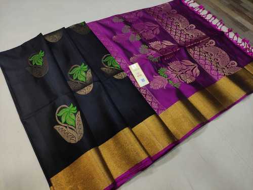 Black With Purple Soft Silk Saree Meena Handloom Silk