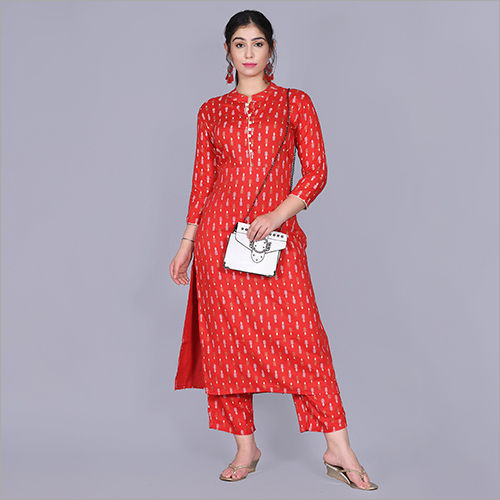 Red Gold Printed Kurti Pant Set