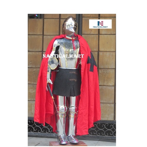 Medieval Knight Face Bascinet Chainmail W/Sword Knight Armor Suit Full Body Suit of Armour Silver Costume