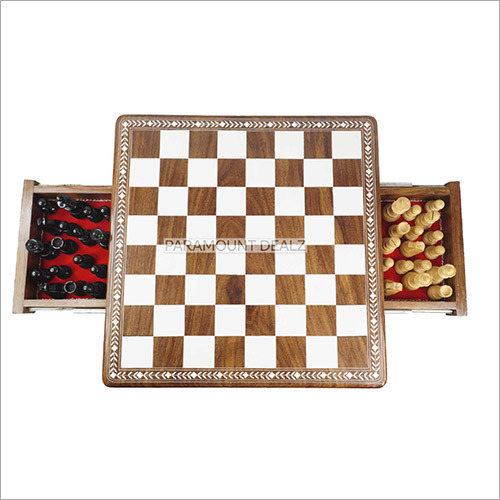 Inlaid Wood Chess Table With Drawer