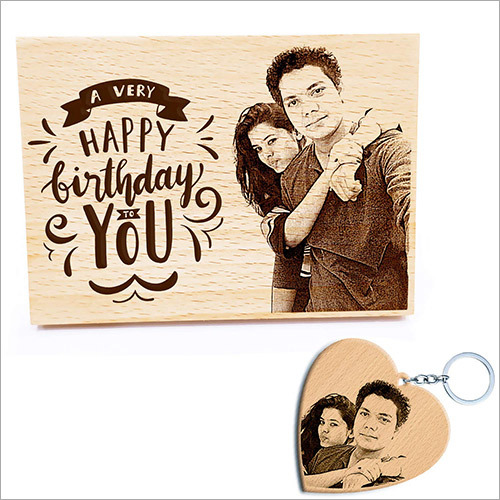 Combo Gift of Personalized Engraved Wooden Photo Plaque and Heart Shaped Wood Keychain