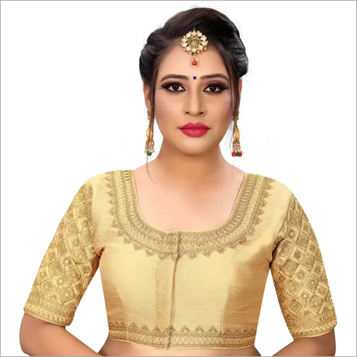 Golden White Round Neck Embroidery Fancy Blouse