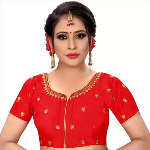 U-Neck Embroidery Red Color Blouse - Customized Size, Short Sleeve Design | Handworked Embroidery for Versatile Ethnic Wear