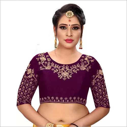 Round Neck Blouse - Customized Size, Purple Color | Golden Embroidery with Beads and Stones, Short Sleeves, Handwork Technique