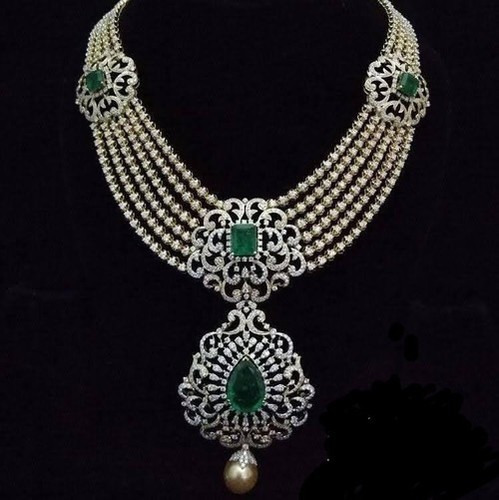 Real And Natural Diamond Synthetic Green Emerald Necklace