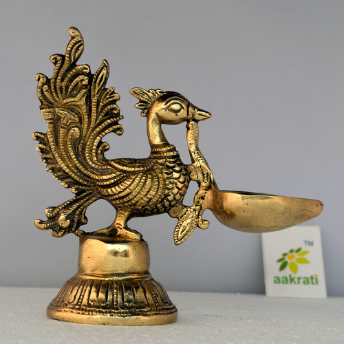 Aakrati Table Diya - Peacock Oil lamp - Metal Brass Antique Finish Worship - Prayer Deepak