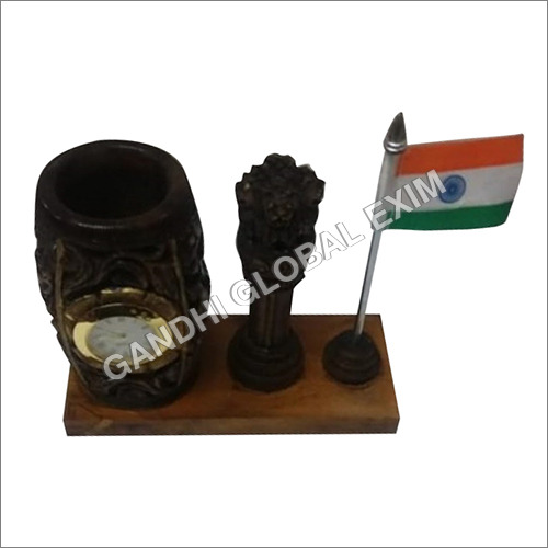 Wooden Pen Stand With Clock By GANDHI GLOBAL EXIM
