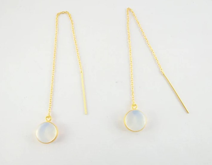 Opalite Long Threader Round Bezel Earrings Gold Plated Chain 925 Sterling Silver Threader Making by Jewelry