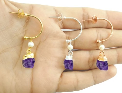 Amethyst Raw Birthstone Earrings with Pearl Bead Hoop Gemstone Raw Earrings - And Pearl Gold Plated Hoop Earrings