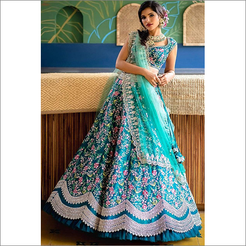 Indian Aqua Blue Embroidered Attractive Party Wear Silk Lehenga Choli