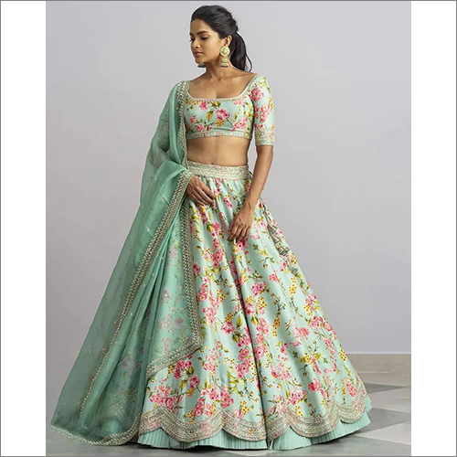 Light Olive Green Colored Digital Print And Embroidered Party Wear Lehenga Choli