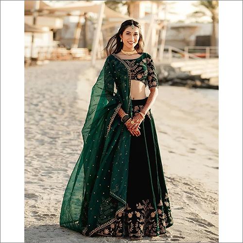 Green Colored Velvet Fabric Embroidered Party Wear Lehanga Choli