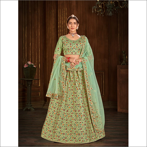Pista Colour Embroidered Party Wear Lehanga Choli