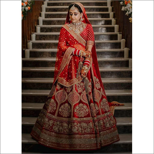 Buy Tomato Red Embroidered 16 Kali Bridal Lehenga In Raw Silk With Floral  Hand Embroidery