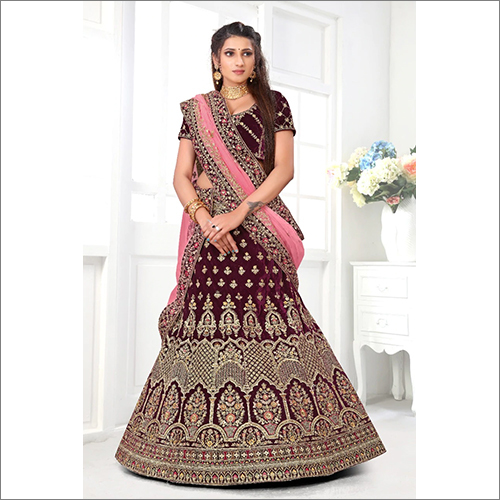 Wine Colored Velvet Fabric Bridal Lehenga Choli With Embroidery Work