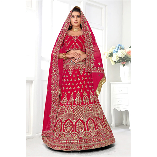 Red Pink Colored Velvet Fabric Bridal Lehenga Choli With Embroidery Work