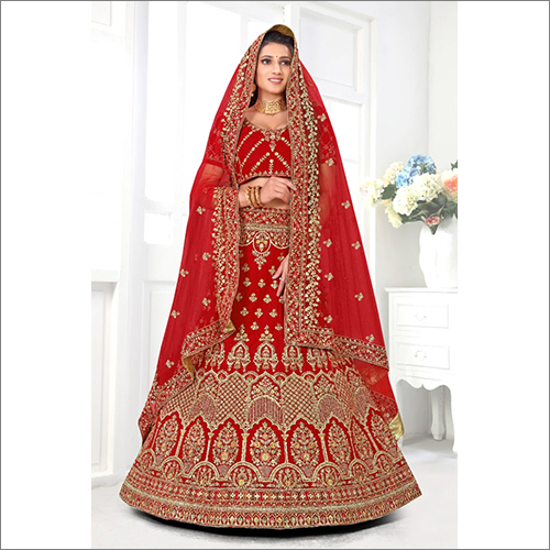 Red Colored Velvet Fabric Bridal Lehenga Choli With Embroidery Work