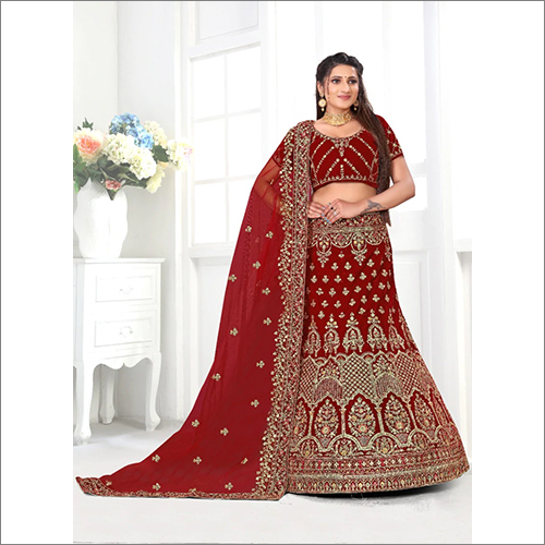 Maroon Colored Velvet Fabric Bridal Lehenga Choli With Embroidery Work