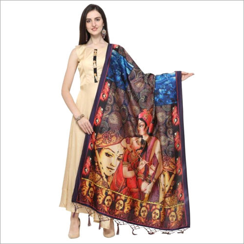 Indian Ladies Radha Krishan Digital Print Assam Silk Dupatta