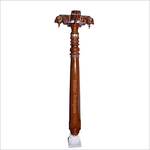 Polished Antique Carved Teakwood Pillar With Carved 4-Sided Capital