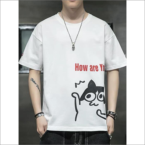 Mens White Printed Cotton T-Shirt