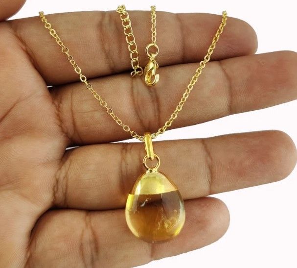 Citrine Smooth Tumble Pendant Necklace 18 Inch Chain Necklace November Birthstone Necklace