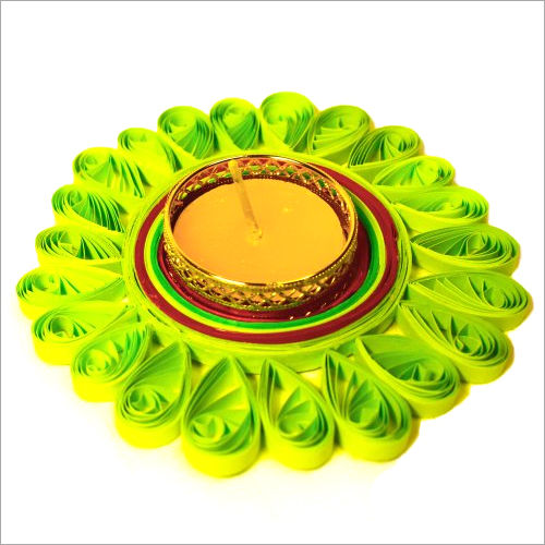 Paper Quilling Stripes Diya Collection - Color: Green And Yellow