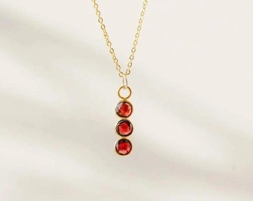 Round Garnet Three Piece Bezel Necklace January Birthstone Gemstone Pendant 18 Inch Long Nacklace