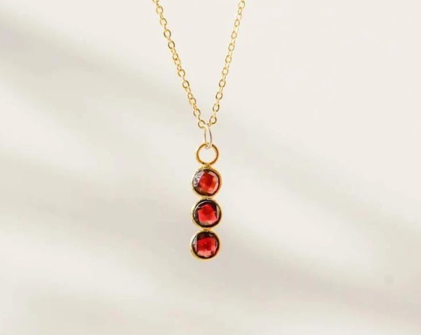 Garnet Three Piece Bezel Necklace January Birthstone Gemstone Pendant 18 inch Long Nacklace