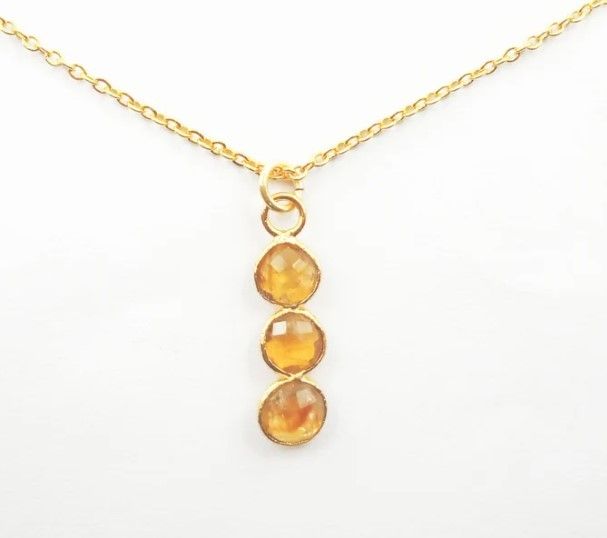 Citrine Three Piece Bezel Necklace November Birthstone Gemstone Pendant 18 inch Long