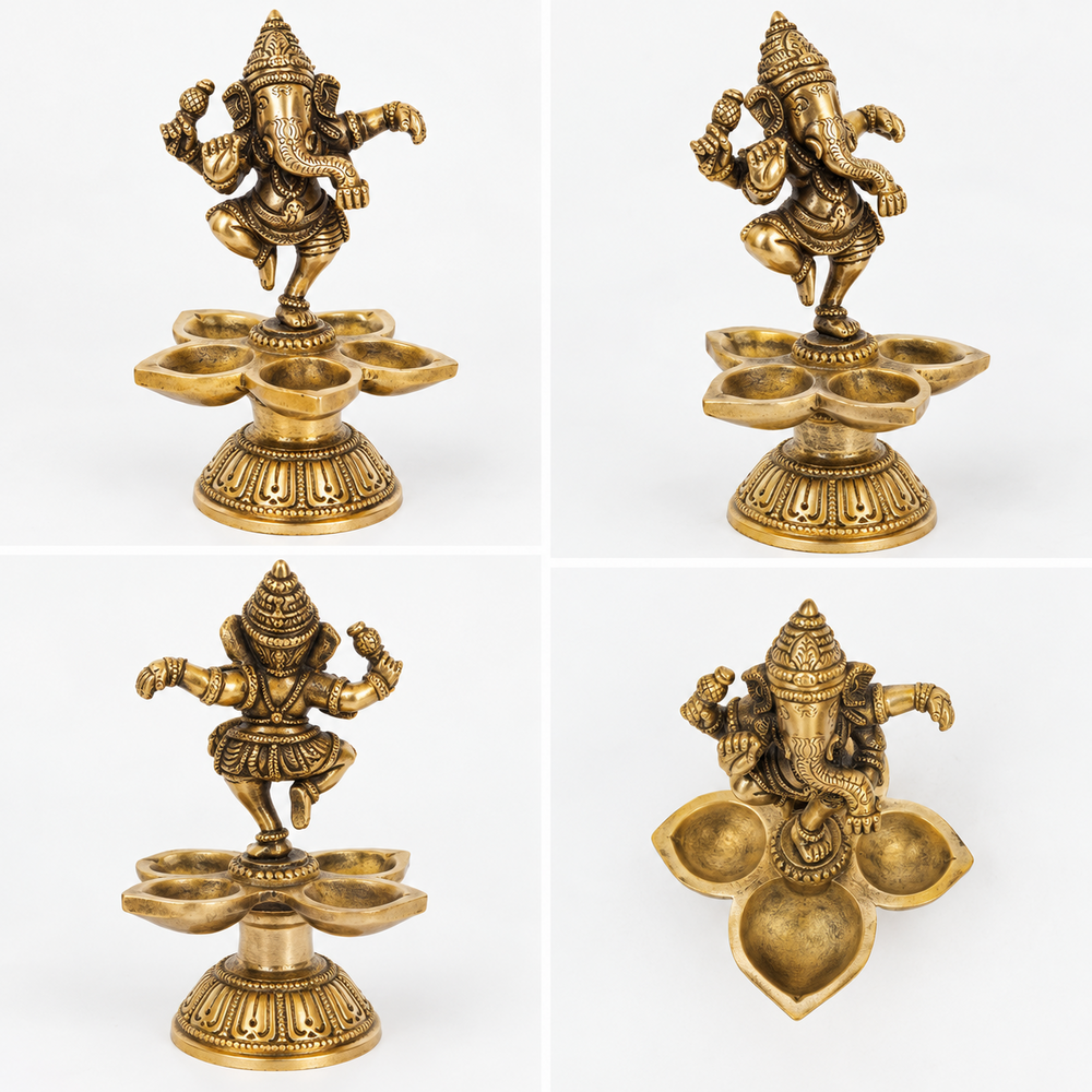 Lord Ganesha Dancing Statue on Deepak Made of Brass